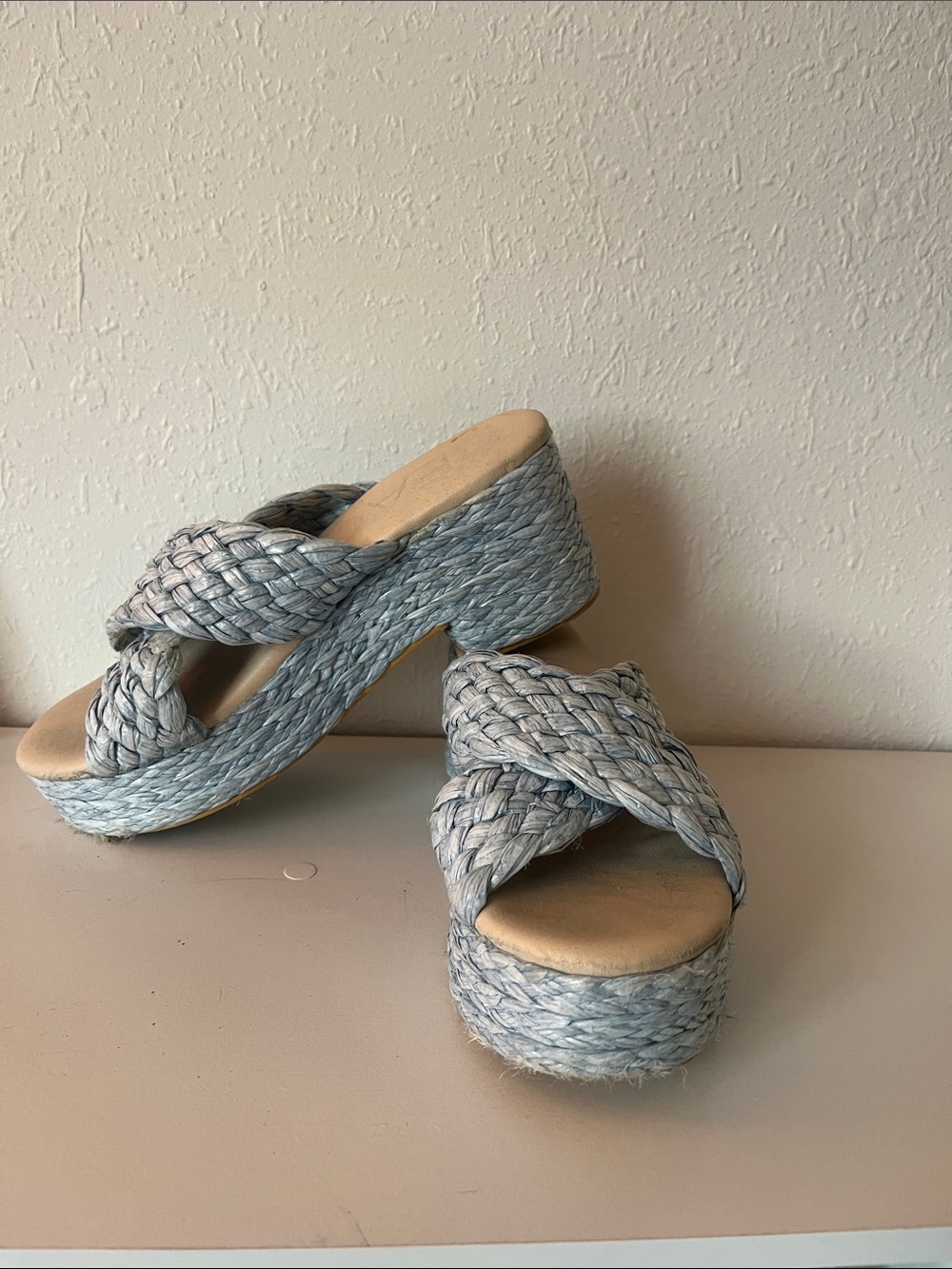 Braided Light Blue Platform Slide Sandals